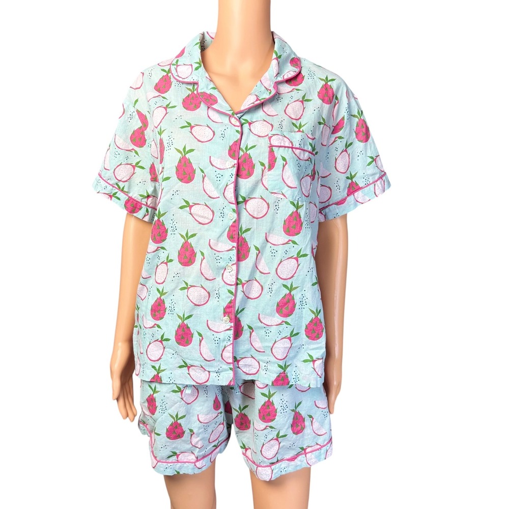 Mahogany Womens Dragon Fruit Print Cotton Pajama Set Mint Green Pink Size L NEW